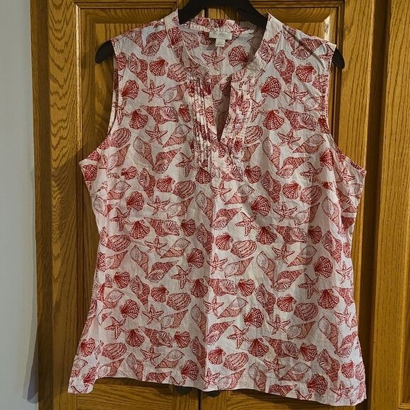 Talbots Shell Print Cotton Notched Collar Sleeveless Summer Top Lp Red White - Picture 4 of 16